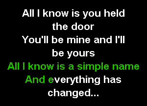 All I know is you held
the door
You'll be mine and I'll

be yours
All I know is a simple name
And everything has
changed.