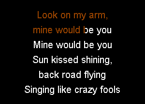 Look on my arm,
mine would be you
Mine would be you

Sun kissed shining,
back road flying
Singing like crazy fools