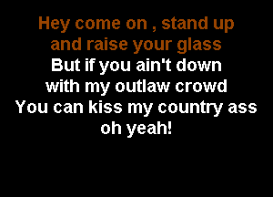 Hey come on , stand up
and raise your glass
But if you ain't down
with my outlaw crowd
You can kiss my country ass
oh yeah!