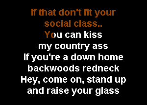 If that don't fit your
social class..
You can kiss
my country ass
If you're a down home
backwoods redneck
Hey, come on, stand up

and raise your glass l