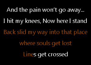 And the pain won't go away...
I hit my knees, Now herel stand
Back slid my way into that place
where souls get lost

Lines get crossed