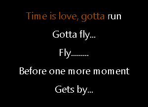 Time is love, gotta run

Gotta fly...
Fly .........

Before one more moment

Gets by...