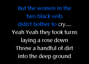 But the women in the
two black veils
didn't bother to cry .....
Yeah Yeah they took turns
laying a rose down
Threw a handful of din
into the deep ground