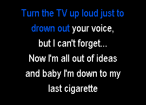 Turn the TV up loud just to
drown out your voice,
but I can't forget...

Now I'm all out of ideas
and baby I'm down to my
last cigarette