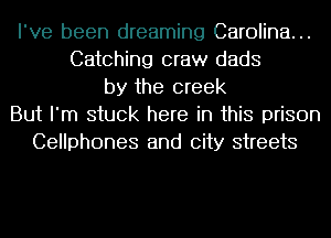 I've been dreaming Carolina...
Catching craw dads
by the creek
But I'm stuck here in this prison
Cellphones and city streets