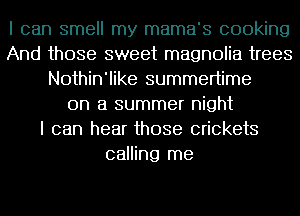 I can smell my mama's cooking
And those sweet magnolia trees
Nothin'like summertime
on a summer night
I can hear those crickets
calling me
