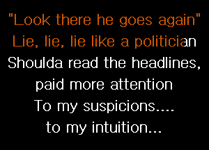 Look there he goes again
Lie, lie, lie like a politician
Shoulda read the headlines,
paid more attention
To my suspicions....
to my intuition...