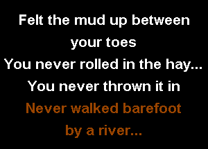 Felt the mud up between
your toes
You never rolled in the hay...
You never thrown it in
Never walked barefoot
by a river...