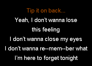 Tip it on back...
Yeah, I donItwanna lose
this feeling
I donIt wanna close my eyes
I donIt wanna re--mem--ber what

IIm here to forget tonight