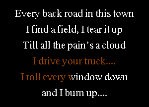 Every back road in this town
Ifind afield, I tear itup
Till all the painIs a cloud
Idrive your truck...

I roll every Window down

and I bum up....