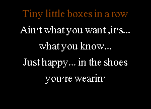 Tiny little boxes in a row
Ain't What you want ,it's...
Whatyou know...
Just happy... in the shoes

you're wearinI