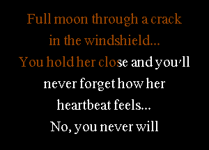 Full moon through acrack
in the windshield...
You hold her close and you'll
never forgethow her
heartbeat feels...

No, you never Will