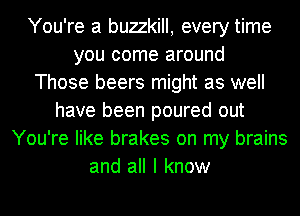 You're a buzzkill, every time
you come around
Those beers might as well
have been poured out
You're like brakes on my brains
and all I know