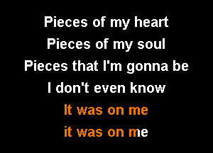 Pieces of my heart
Pieces of my soul
Pieces that I'm gonna be

I don't even know
It was on me
it was on me