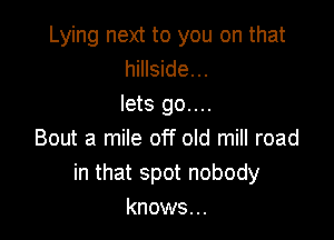 Lying next to you on that
hillside...
lets go....

Bout a mile off old mill road
in that spot nobody
knows...