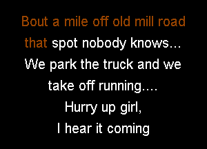 Bout a mile off old mill road
that spot nobody knows...
We park the truck and we
take off running...
Hurry up girl,
I hear it coming