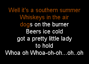 Well it's a southern summer
Whiskeys in the air
dogs on the burner

Beers ice cold
got a pretty little lady
to hold
Whoa oh Whoa-oh-oh...oh..oh