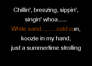 Chillin', breezing, sippin',
singin' whoa ......
White sand ......... cold can,
koozie in my hand,

just a summertime strolling

g