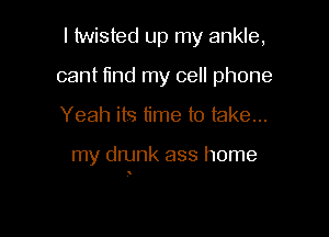 I twisted up my ankle,
cant flnd my cell phone

Yeah its time to take...

my drunk ass home