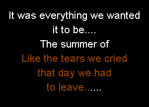 It was everything we wanted
it to be....
The summer of

Like the tears we cried
that day we had
to leave ......