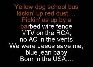 Yellow dog school bus
kickin' up red dust...
Pickin' us up by a
barbed wire fence
MTV on the RCA,
no A0 in the vents
We were Jesus save me,

blue jean baby
Born in the USA... I