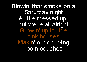 Blowin' that smoke on a
Saturday night
A little messed up,
but we're all alright
Growin' up in little

pink houses
Makin' out on living
room couches