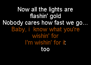 Now all the lights are
flashin' gold
Nobody cares how fast we go...
Baby, i know what you're

wishin' for
I'm wishin' for it
too