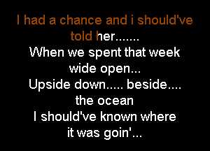 I had a chance and i should've

told her .......

When we spent that week
wide open...

Upside down ..... beside....

the ocean
I should've known where

it was goin'...