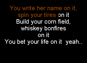 You write her name on it,
spin your tires on it
Build your corn field,

whiskey bonfires

on it
You bet your life on it yeah..