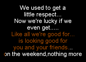 We used to get a
little respect...
Now we're lucky if we
even get .....

Like all we're good for...
is looking good for

you and your friends...

on the weekend,n0thing more