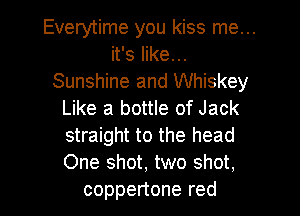 Everytime you kiss me...
it's like...
Sunshine and Whiskey
Like a bottle of Jack
straight to the head
One shot, two shot,
coppertone red
