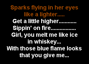 Sparks flying in her eyes
like a lighter .....
Get a little higher ............
Sippin' on fire .................
Girl, you melt me like ice
in whiskey...
With those blue flame looks
that you give me...