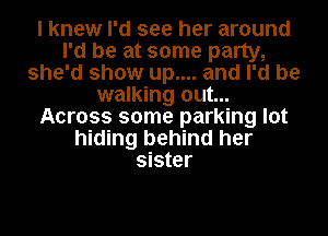 I knew I'd see her around
I'd be at some party,
she'd show up.... and I'd be
walking out...
Across some parking lot
hiding behind her
sister