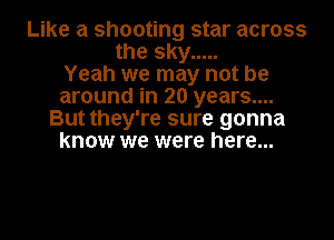 Like a shooting star across
the sky .....

Yeah we may not be
around in 20 years....
But they're sure gonna
know we were here...