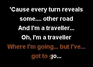 'Cause every turn reveals
some.... other road
And I'm a traveller...

Oh, I'm a traveller
Where I'm going... but I've...
got to go...