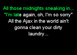 All those midnights sneaking in...
I'm late again, oh, I'm so sorry
All the Ajax in the world ain't
gonna clean your dirty
laundry...
