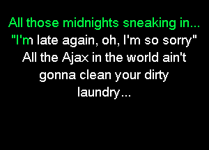 All those midnights sneaking in...
I'm late again, oh, I'm so sorry
All the Ajax in the world ain't
gonna clean your dirty
laundry...