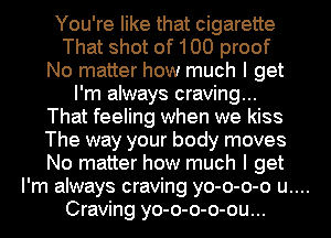 You're like that cigarette
That shot of 100 proof
No matter how much I get
I'm always craving...
That feeling when we kiss
The way your body moves
No matter how much I get

I'm always craving yo-o-o-o u....

Craving yo-o-o-o-ou...