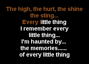 The high, the hurt, the shine
the sting...
Every little thing
I remember every
little thing...
I'm haunted by...
the memories ......
of every little thing