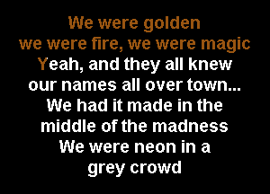 We were golden
we were fire, we were magic
Yeah, and they all knew
our names all over town...
We had it made in the
middle of the madness
We were neon in a
grey crowd