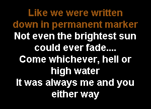 Like we were written
down in permanent marker
Not even the brightest sun

could ever fade....
Come whichever, hell or
high water
It was always me and you
either way