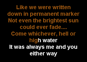 Like we were written
down in permanent marker
Not even the brightest sun

could ever fade....
Come whichever, hell or
high water
It was always me and you
either way