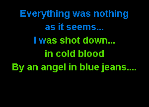 Everything was nothing
as it seems...
I was shot down...

in cold blood
By an angel in blue jeans....