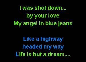 I was shot down...
by your love
My angel in blue jeans

Like a highway
headed my way
Life is but a dream...