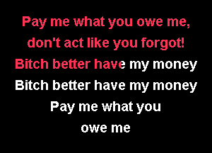 Pay me what you owe me,
don't act like you forgot!
Bitch better have my money
Bitch better have my money
Pay me what you
owe me