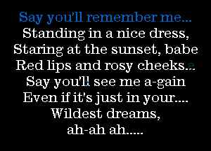 Say you'll remember me...
Standing in a nice dress,
Staring at the sunset, babe
Red lips and rosy cheeks.e
Say you'll see me a-gajn
Even if it's just in your...
Wildest drealns,
ah-ah ah .....