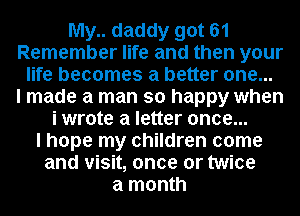 My.. daddy got 61
Remember life and then your
life becomes a better one...

I made a man so happy when
i wrote a letter once...

I hope my children come
and visit, once or twice
a month