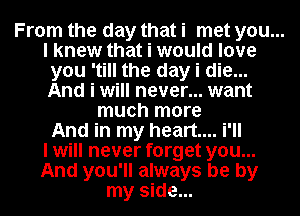 From the day that i met you...
I knew that i would love
you 'till the day i die...
And i will never... want
much more
And in my heart... i'll
I will never forget you...
And you'll always be by
my side...