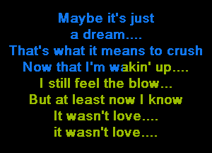 Maybe it's just
a dream....
That's what it means to crush
Now that I'm wakin' up....
I still feel the blow...
But at least now I know
It wasn't love....
it wasn't love....