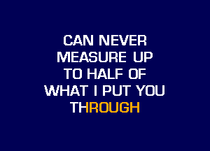 CAN NEVER
MEASURE UP
TO HALF OF

WHAT I PUT YOU
THROUGH